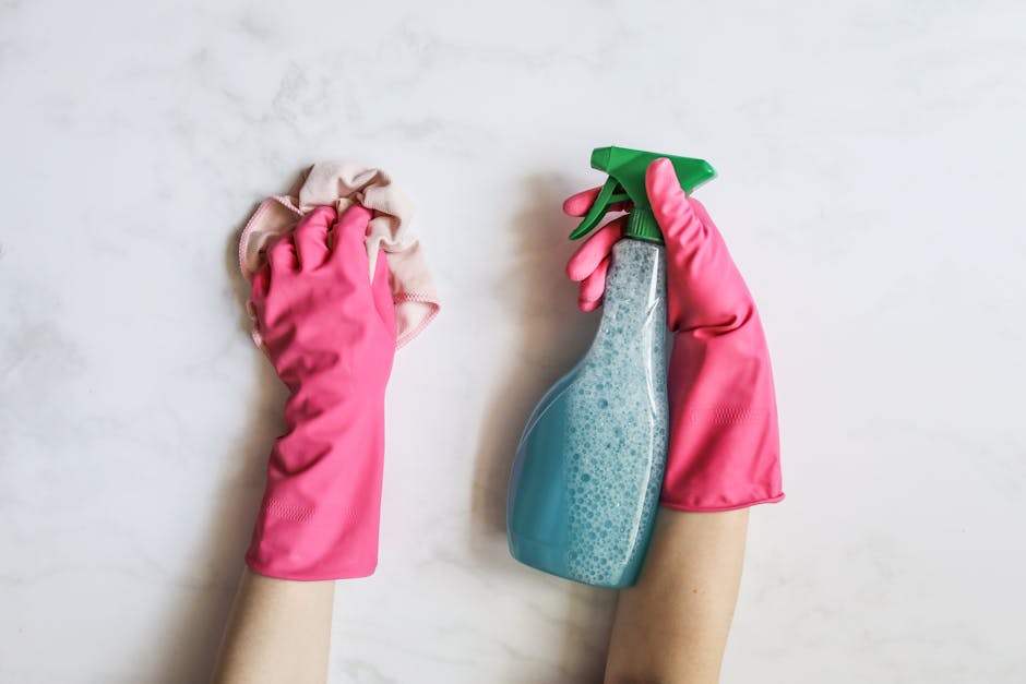 A person wearing bright pink rubber cleaning gloves is holding a beige cloth in their left hand, wiping a smooth, white marble surface. In the right hand, they hold a blue spray bottle filled with cleaning liquid, with a green nozzle. The surface appears clean and polished, indicating surface cleaning or sanitisation. The background features a clean, light-colored surface, emphasizing domestic cleaning activities as part of a spring cleaning checklist, with the scene well-lit to highlight the cleaning process at Maida Vale Carpet Cleaning. No other objects or furniture are visible in the image.
